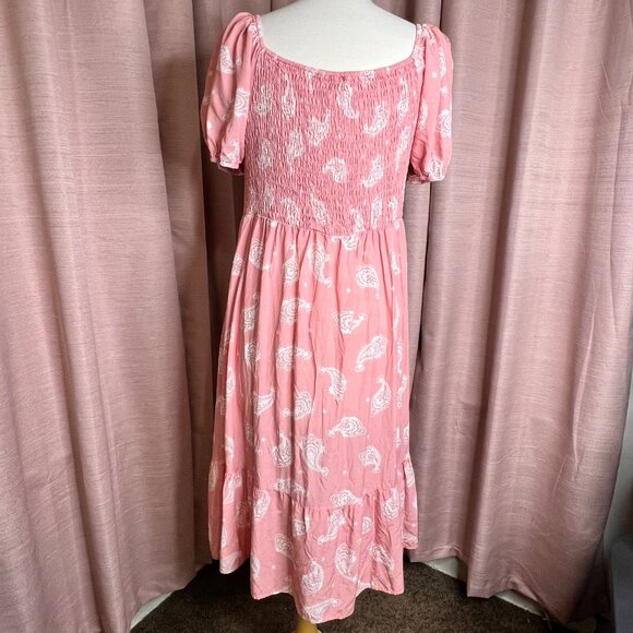 PatPat Pink Boho Paisley Midi Dress XL Short Puff Sleeves V-Neck 100% Viscose Ru - Picture 7 of 16